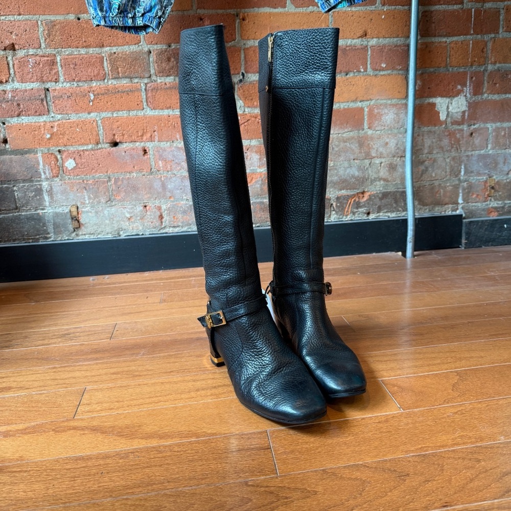 Tory Burch Pebbled Leather Tall Black Boots